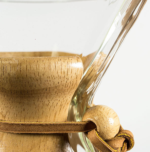 close up of chemex 6 cup wood neck coffee brewer